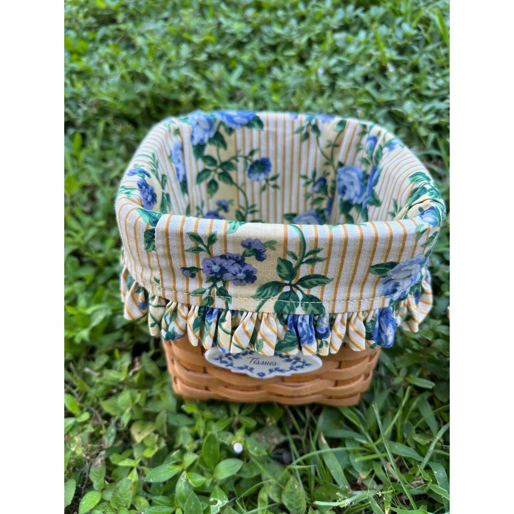 Longaberger Basket Set 4pc Tissue & Hanging Baskets Blue Floral Liners 1999-2000